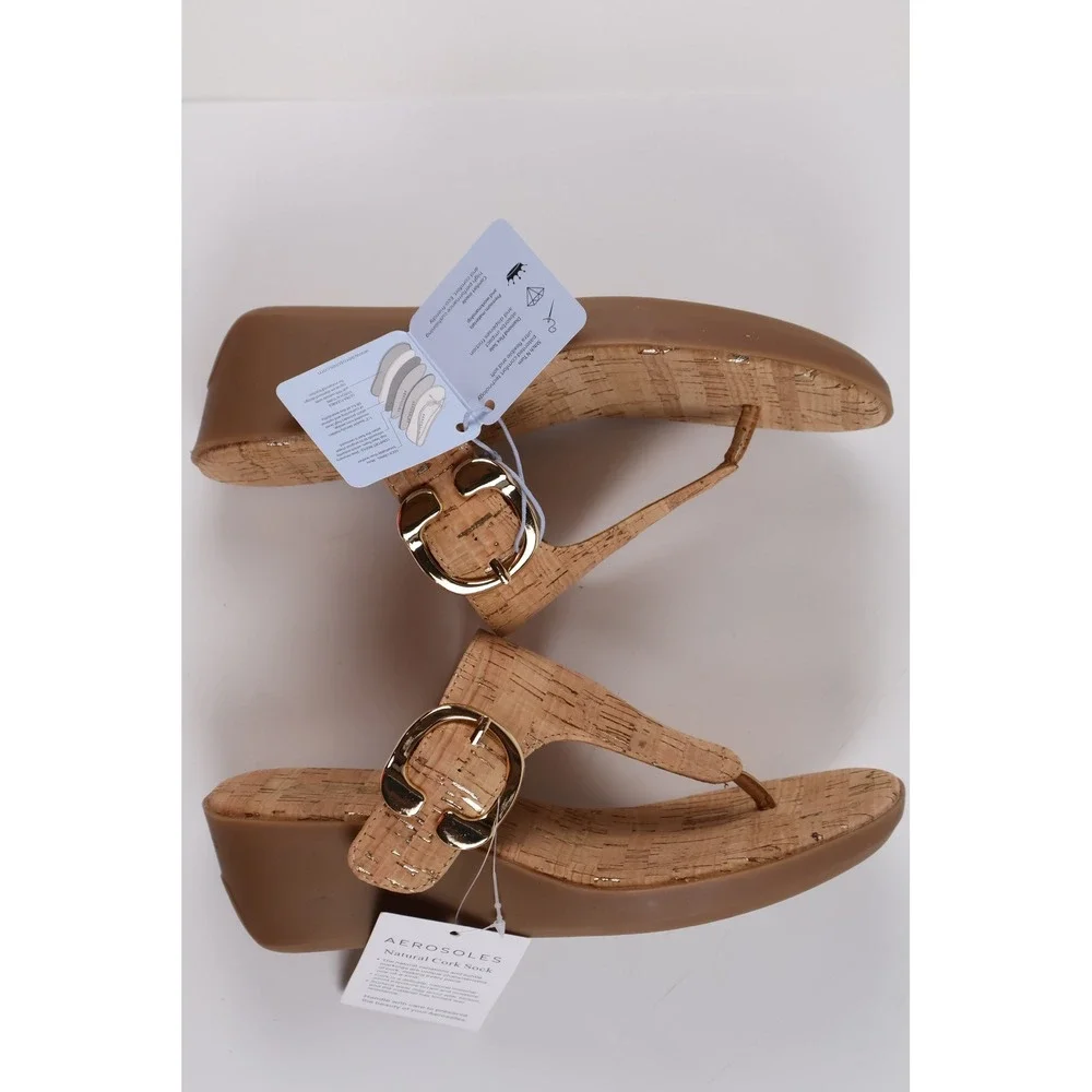 Aerosoles Wedge Sandals Izola Cork Gold Thong Size 6 Natural NWT